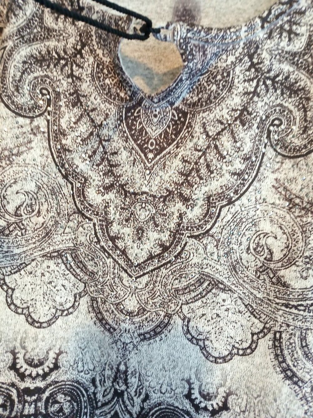 World Unity Black White Paisley Tassel-Tie Top Shirt S Festival Boho Cottagecore - Picture 4 of 7